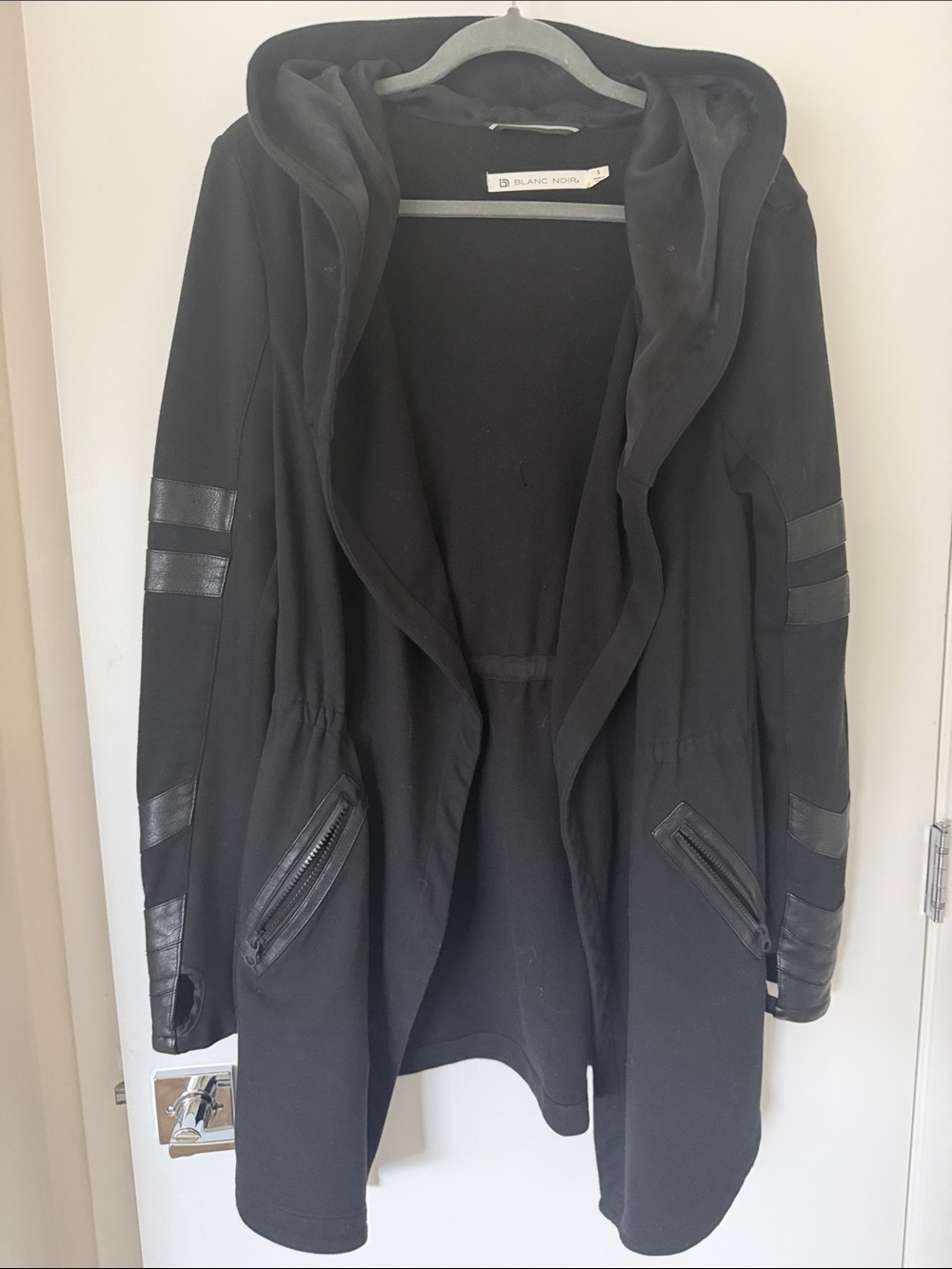 blanc noir Black Hooded Coat with Leather-Trim Sleeves